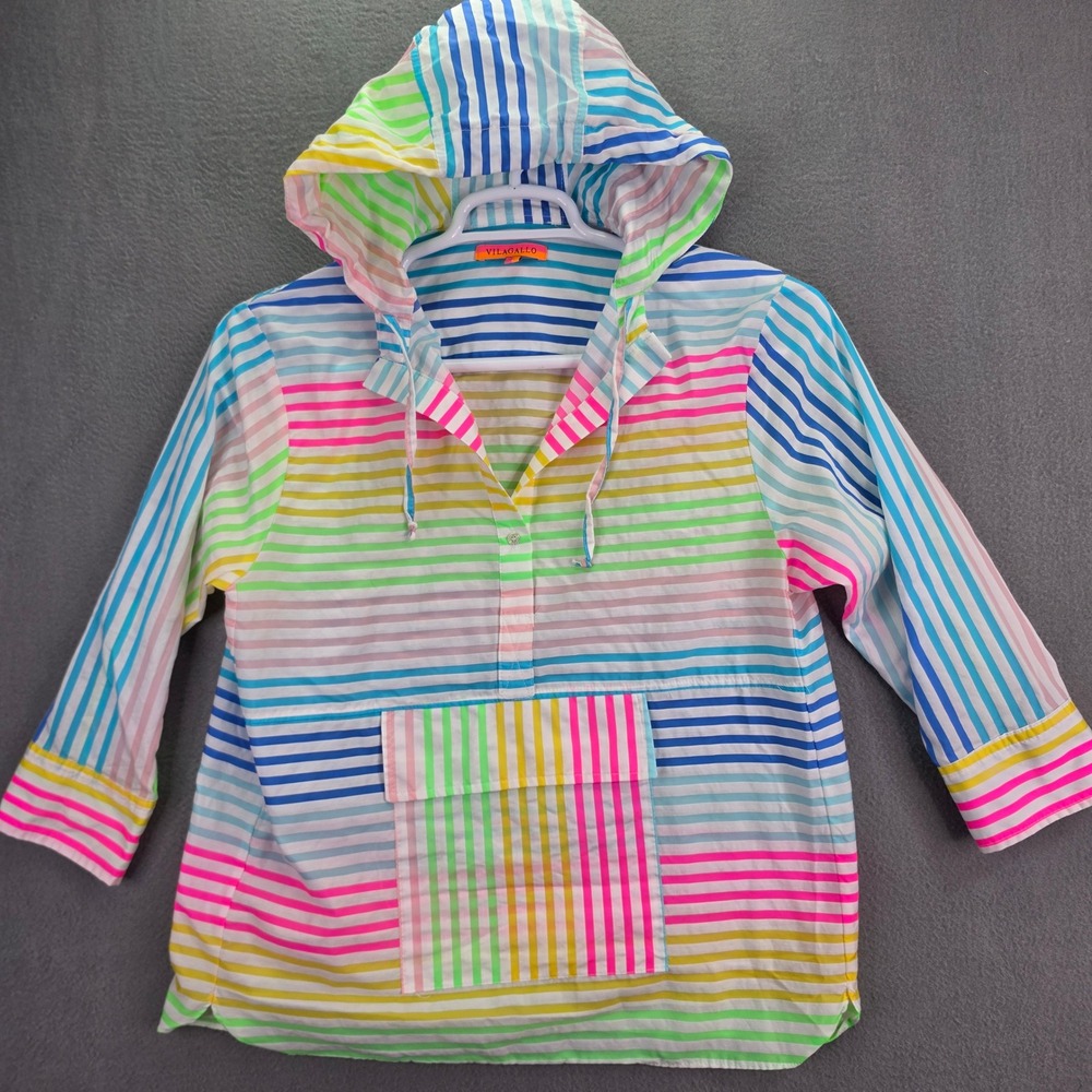 VILAGALLO Hoodie Top Womens 38 Rainbow Striped Cotton Pouch Pocket Multi